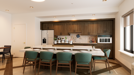 A contemporary kitchen featuring sleek wooden cabinets, marble countertops, and a cozy dining area.