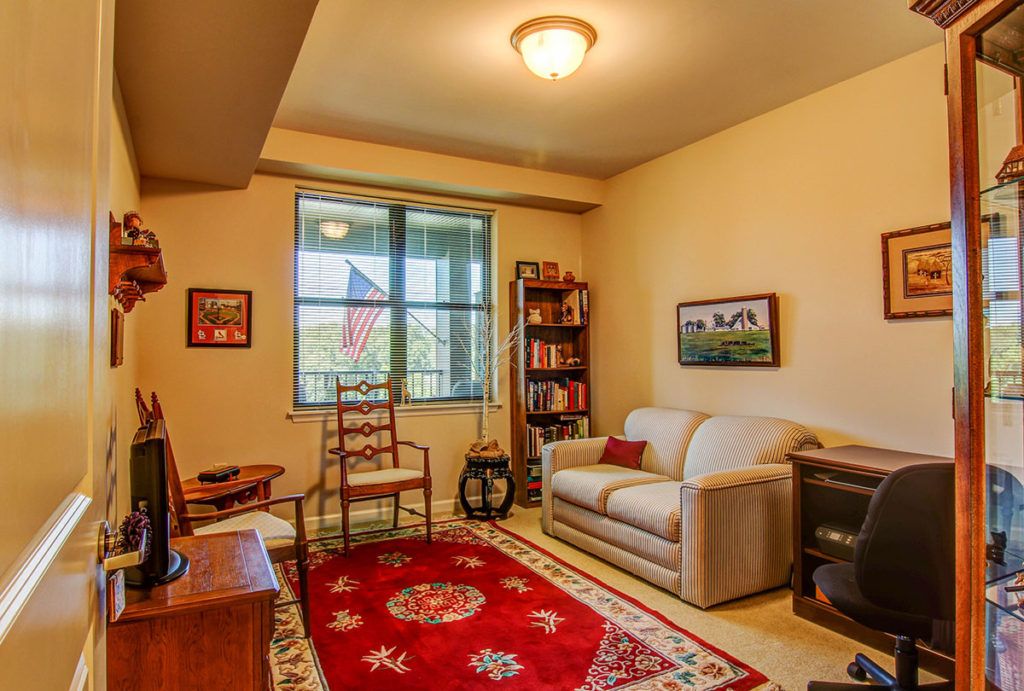 A cozy living room with a sofa, bookshelf, and a decorative rug.