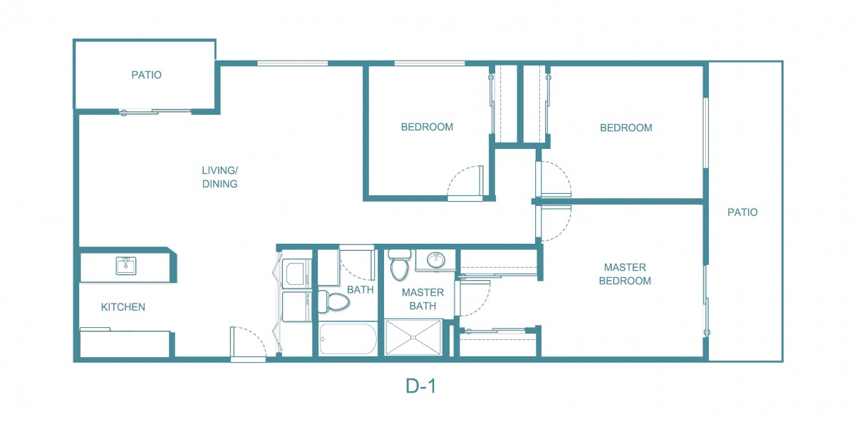 A blueprint floor plan of an apartment layout with multiple rooms.