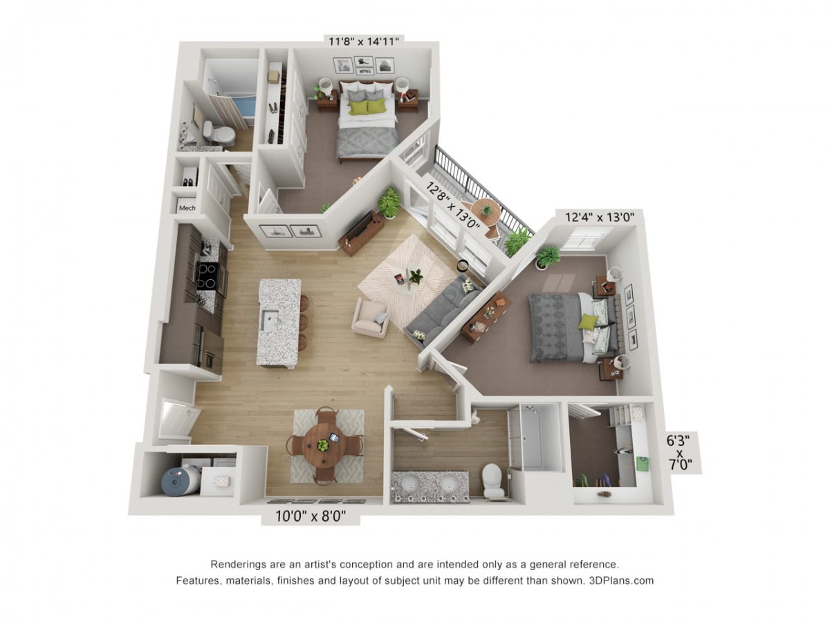 3D rendered floor plan of a modern apartment showcasing interior layout and design.