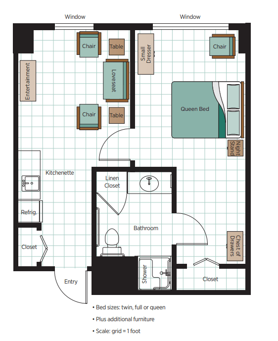 A floor plan of a one-bedroom apartment featuring a living room, kitchen, and bathroom.