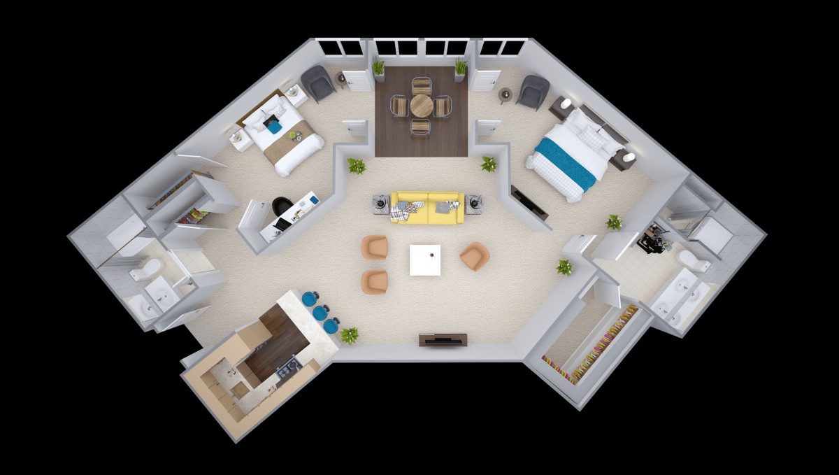 A 3D floor plan of an apartment showcasing various rooms including a living area, dining space, kitchen, and two bedrooms.