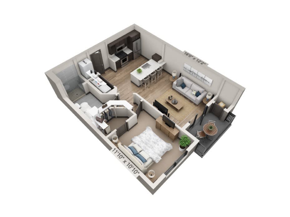 3D floor plan of a modern one-bedroom apartment with an open living area.