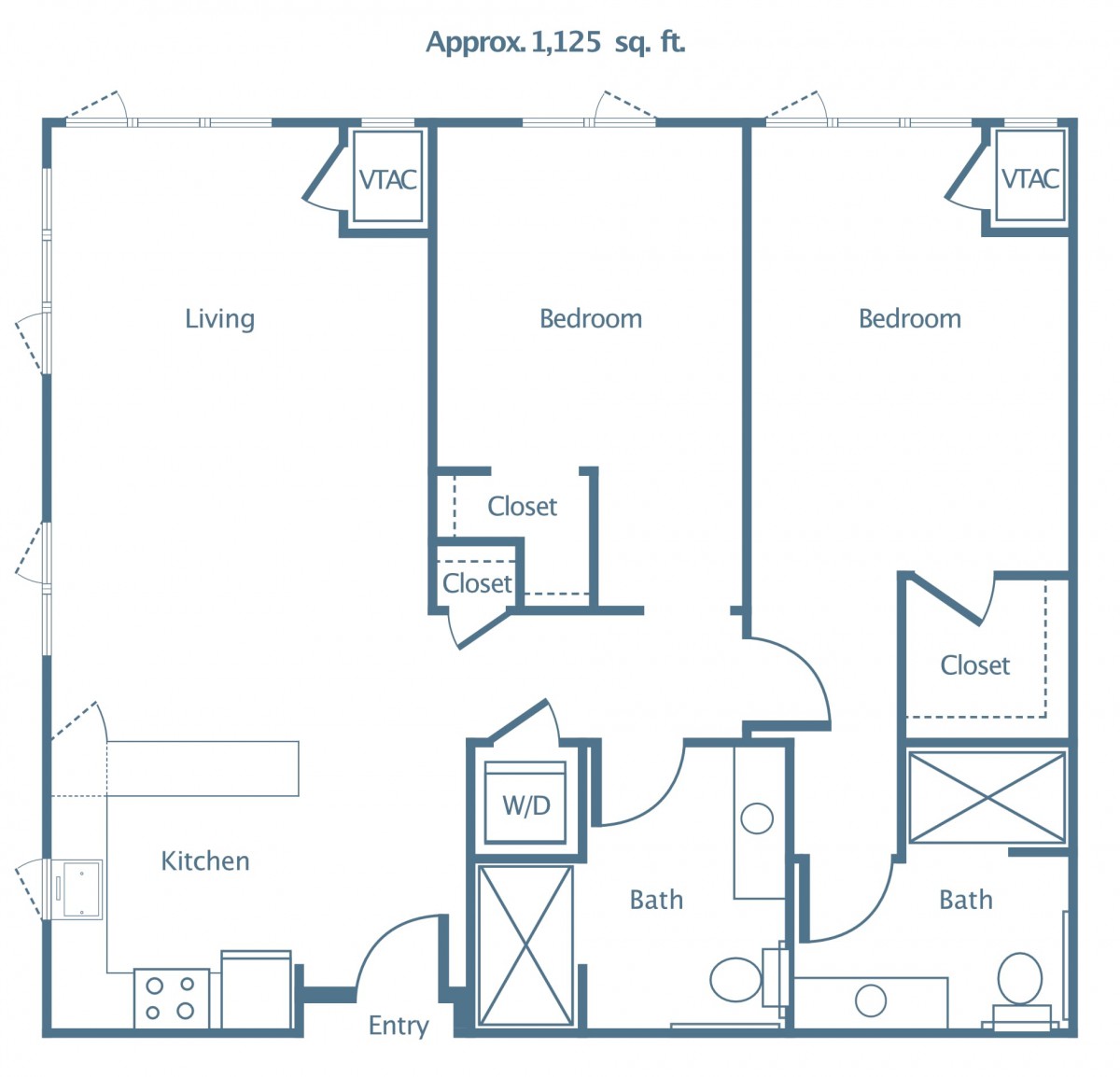A floor plan of a two-bedroom apartment with living room, kitchen, and bathroom.