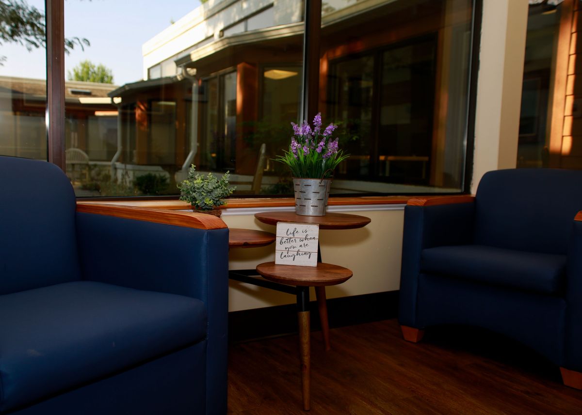 A cozy lobby area with blue chairs and a small table adorned with plants.