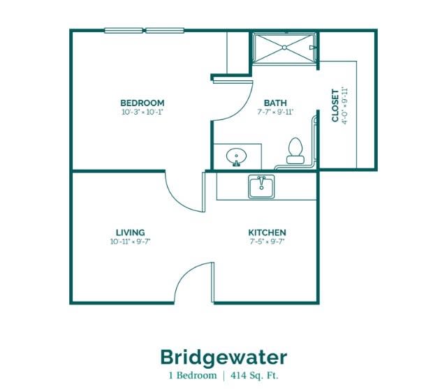 Floor plan for a one-bedroom apartment named 'Bridgewater', featuring a living room, kitchen, bathroom, and closet.