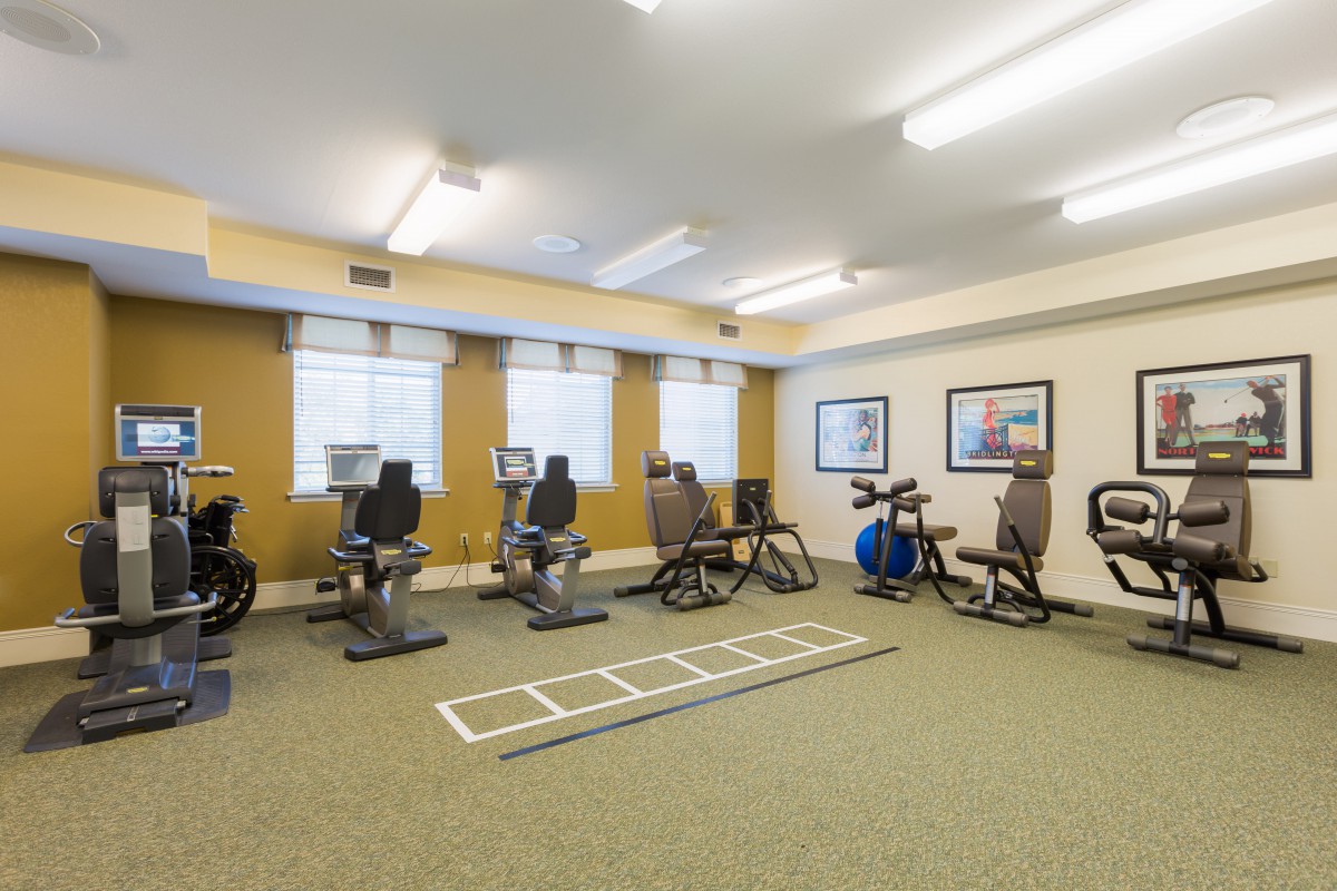 A well-equipped gym with various exercise machines lined up against the wall.
