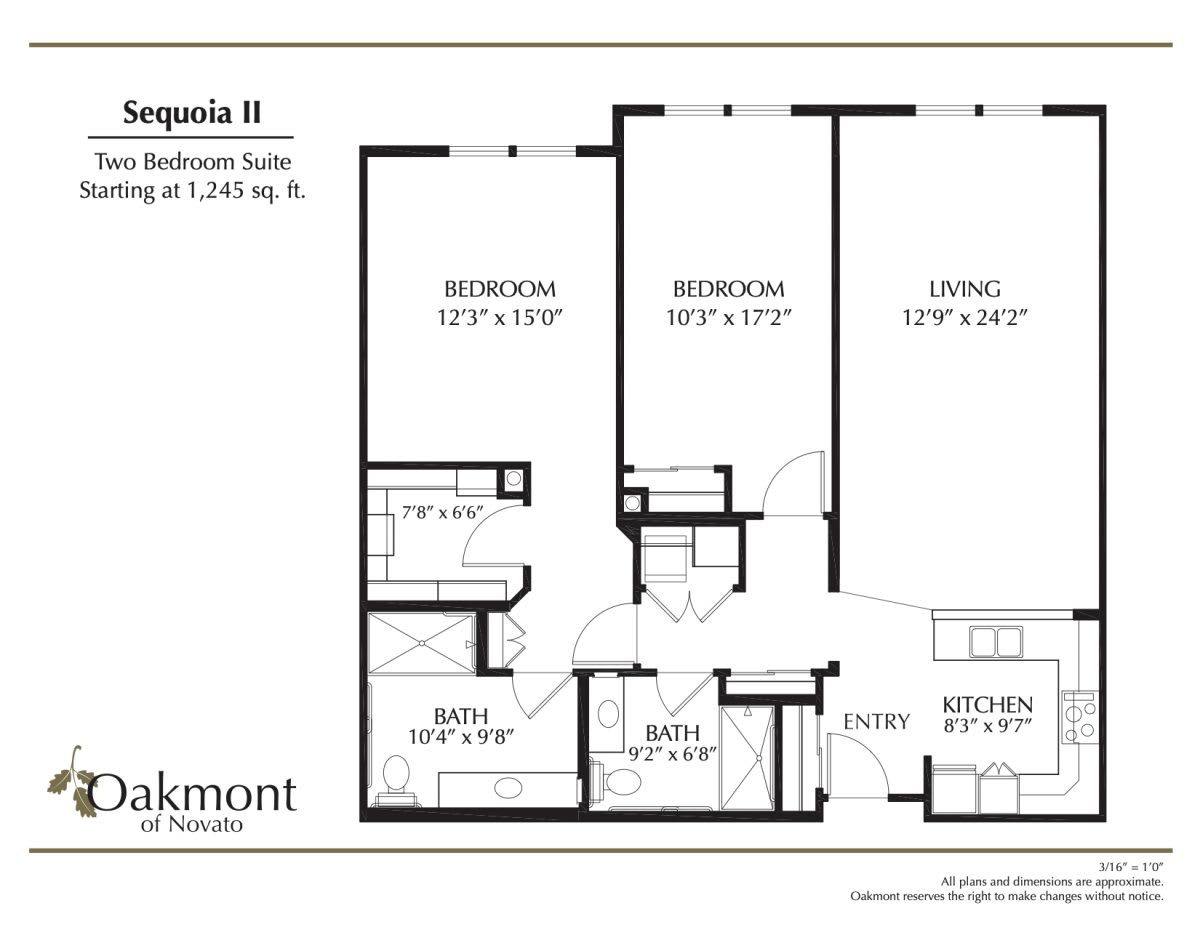 Floor plan of a two-bedroom apartment suite named Sequoia II, featuring bedrooms, living room, kitchen, and bathrooms.
