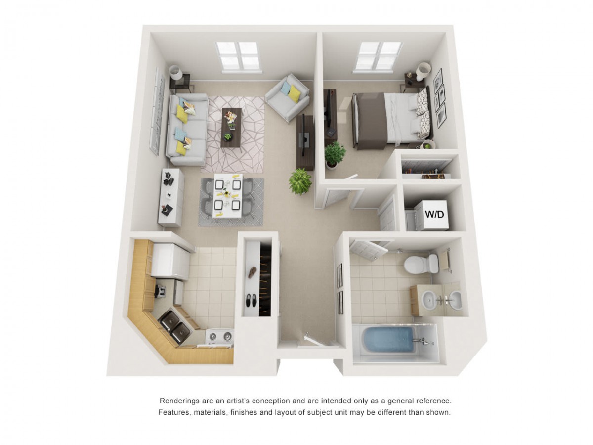 A 3D layout of a one-bedroom apartment featuring a living area, kitchen, bathroom, and bedroom.