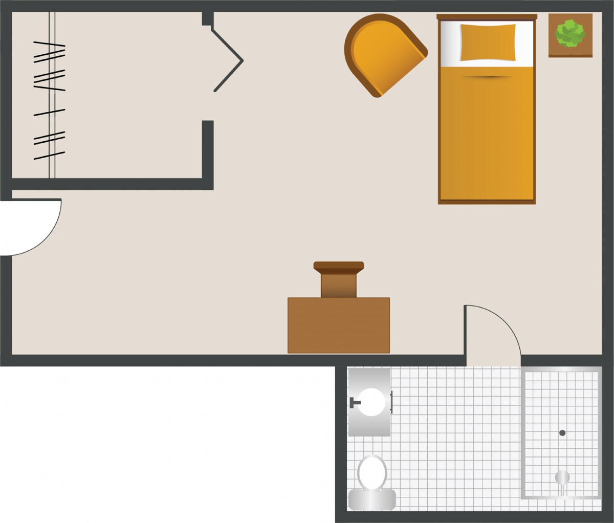 A simple floor plan depicting a bedroom and an attached bathroom.