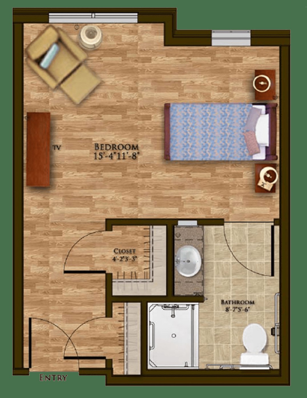 A floor plan depicting a layout with a bedroom and bathroom.