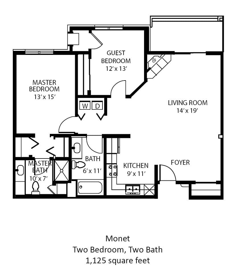 A floor plan of a two-bedroom, two-bath apartment labeled 'Monet'.