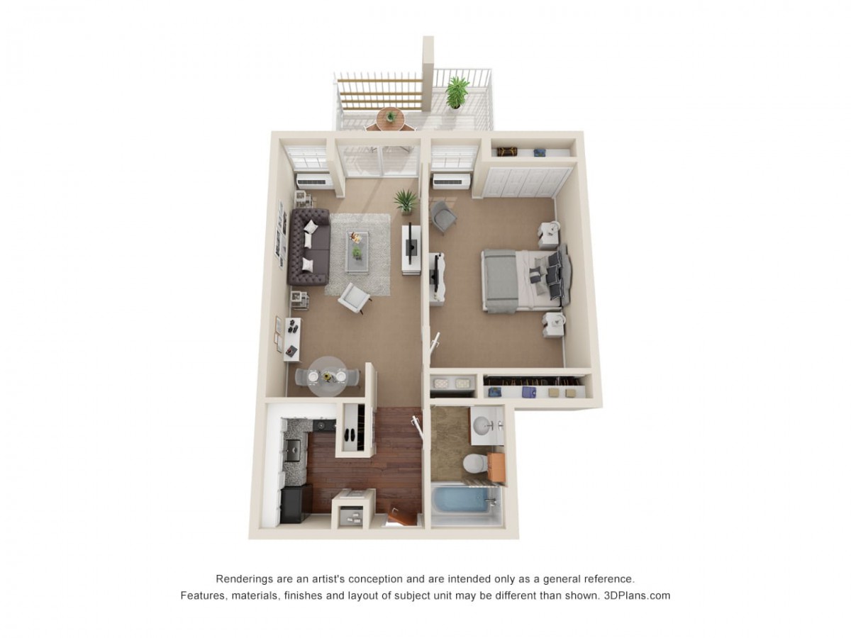A 3D floor plan featuring a one-bedroom apartment with a living room, kitchen, and bathroom.