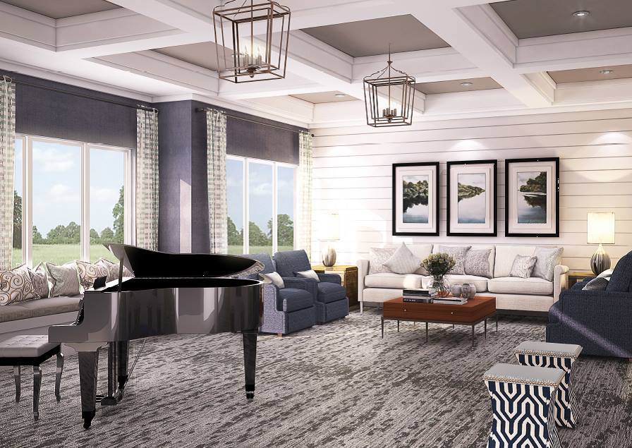 A stylish living room featuring a grand piano and cozy seating areas.
