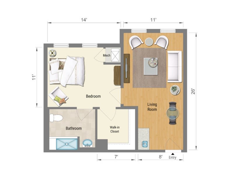 A floor plan of a small apartment featuring one bedroom, a living room, kitchen, and bathroom.