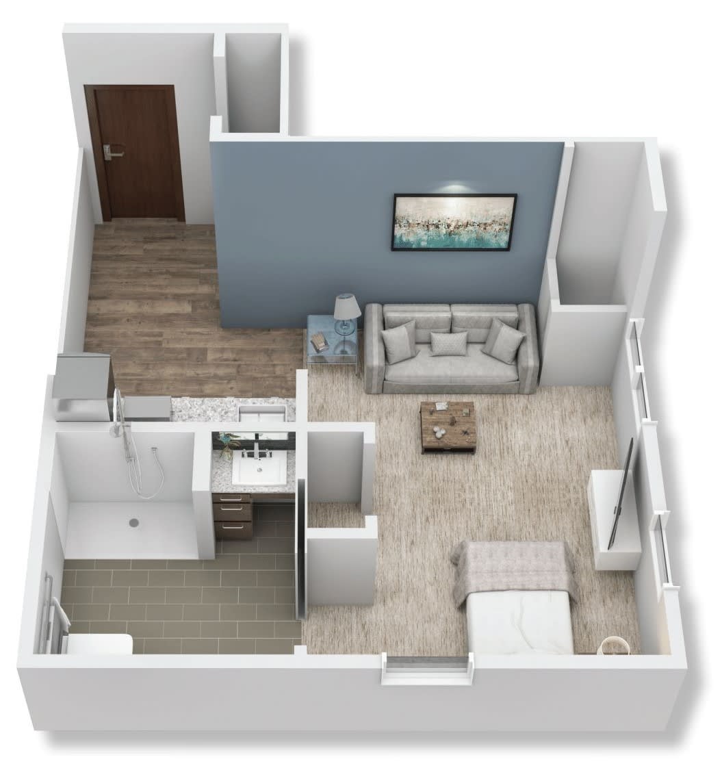 A 3D floor plan of a compact studio apartment with an open living and sleeping area, kitchen, and bathroom.