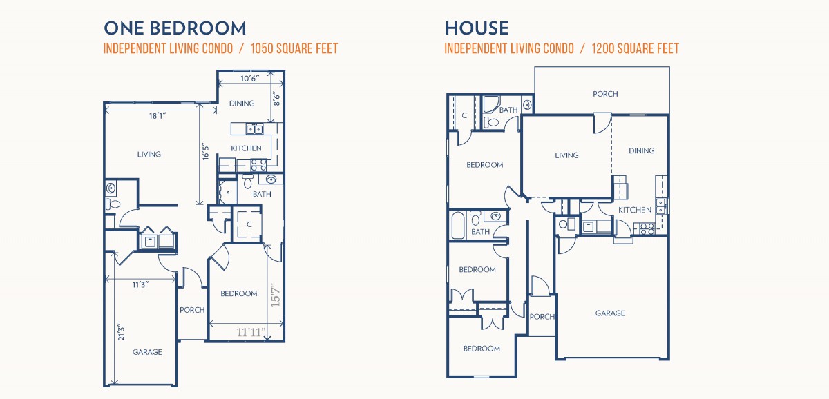 Comparison of a two-bedroom apartment and house floor plans.