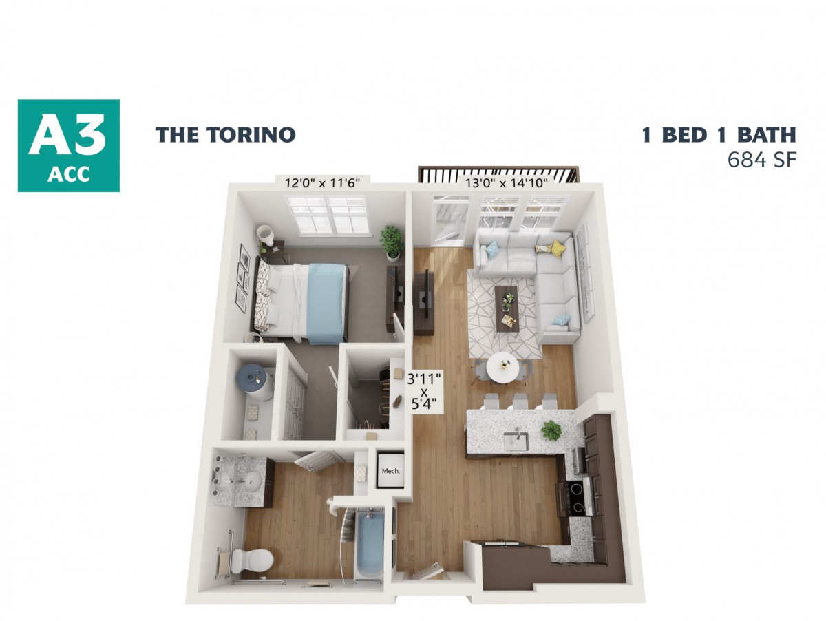 3D floor plan of The Torino, a one-bedroom apartment layout.