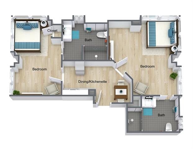 A detailed floor plan of an apartment with two bedrooms, two bathrooms, a kitchen, and a living area.