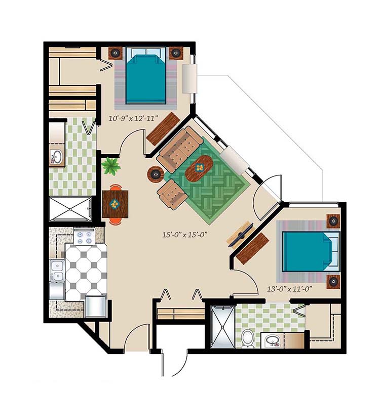 A floor plan of an apartment featuring two bedrooms, a living room, a kitchen, and a bathroom.