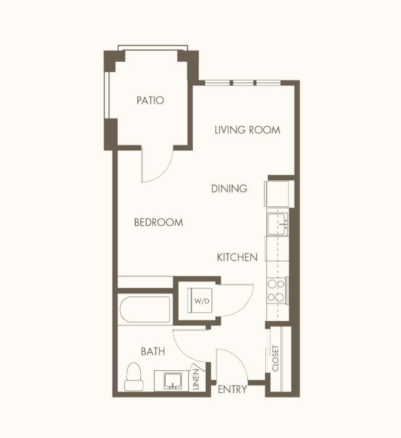A simple apartment floor plan featuring a living room, kitchen, bedroom, and bathroom.