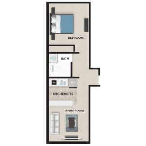 A simple floor plan featuring a one-bedroom apartment with a living room, kitchenette, and bathroom.