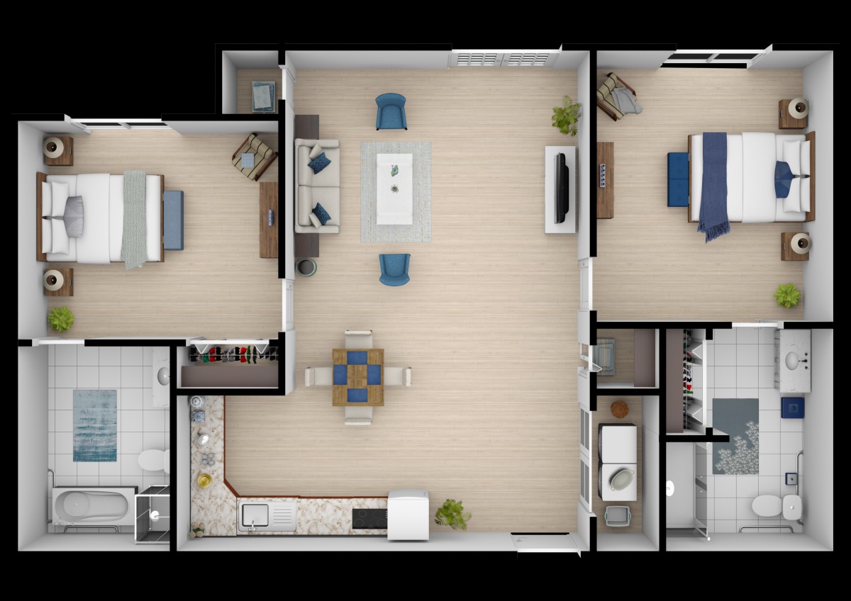 A 3D floor plan of an apartment featuring an open living and dining area, a kitchen, two bedrooms, and two bathrooms.