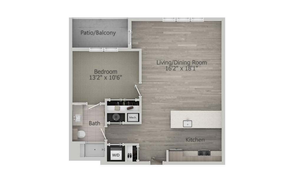 Floor plan of a one-bedroom apartment with a living/dining area, kitchen, bathroom, and patio/balcony.
