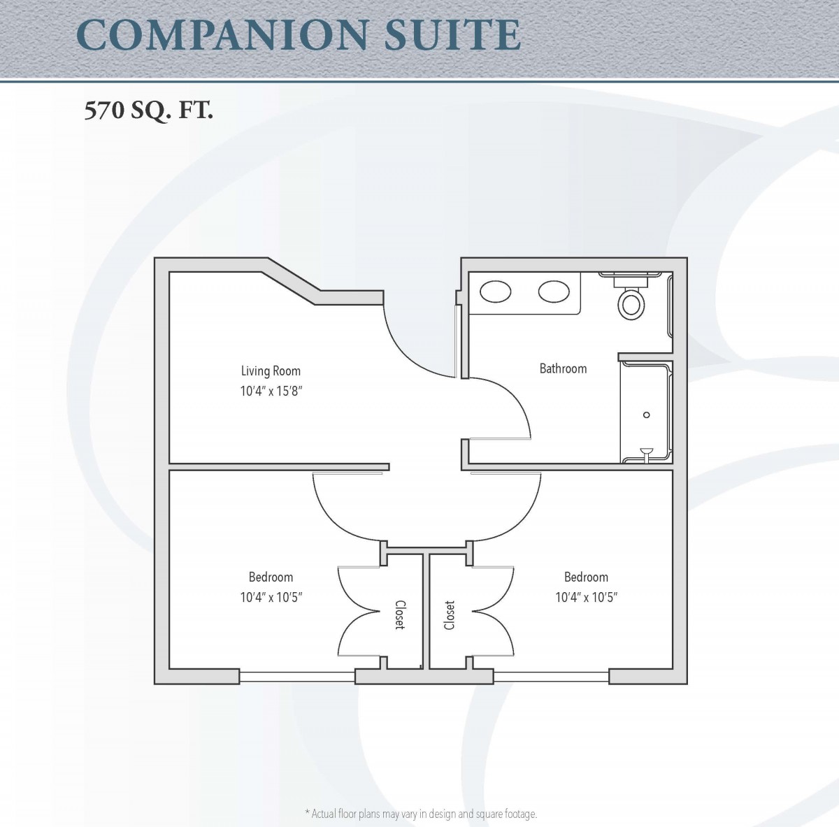 Floor plan of a companion suite measuring 720 square feet, including two bedrooms, a living area, and a shared bathroom.