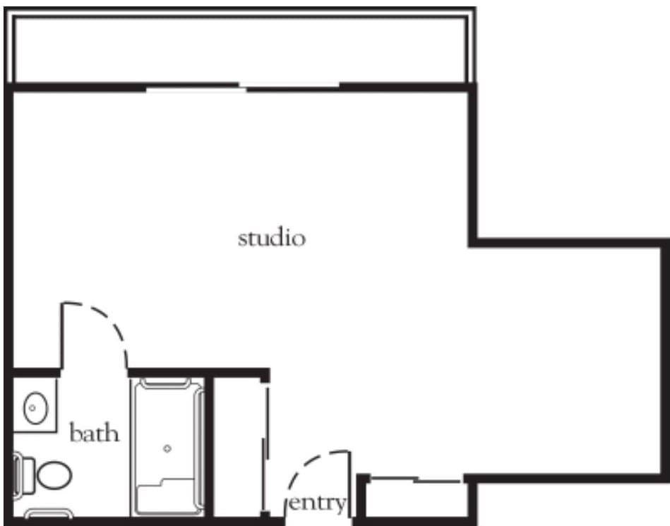 A simple floor plan of a studio apartment with labeled entry and bath areas.