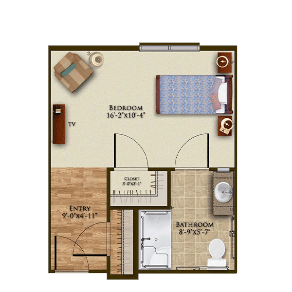Floor plan of a studio apartment with a bedroom and bathroom layout.