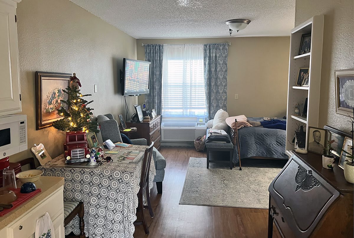 A cozy living room with a decorated Christmas tree and comfortable seating.