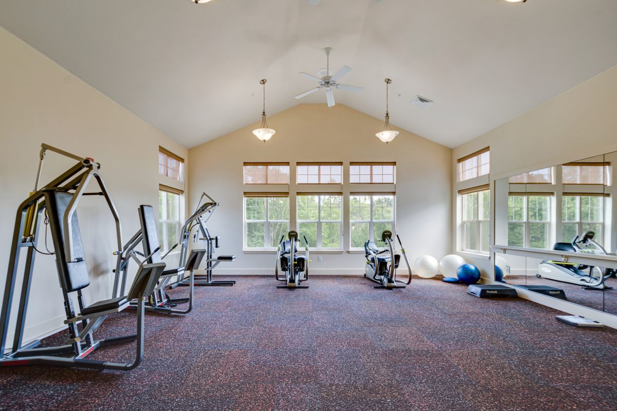 A well-lit gym with various exercise machines and large windows.