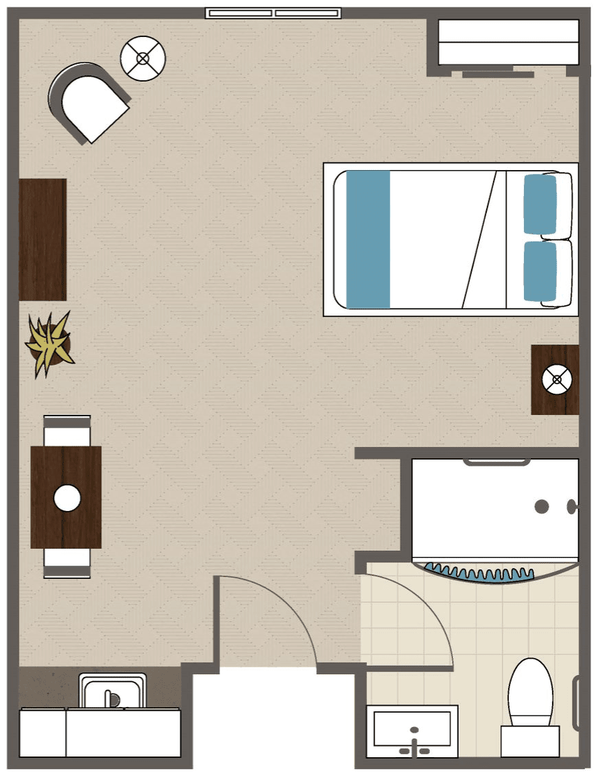 A simple floor plan of a small apartment featuring a bedroom, bathroom, and seating area.