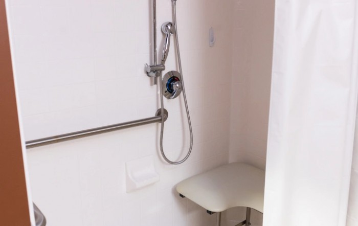 Accessible shower with a handheld showerhead, grab bar, and foldable seat.