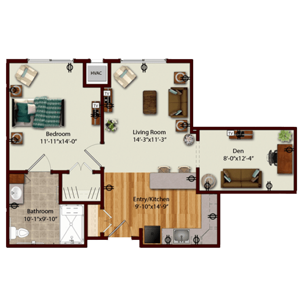 Floor plan of a one-bedroom apartment with living room, kitchen, and bathroom.