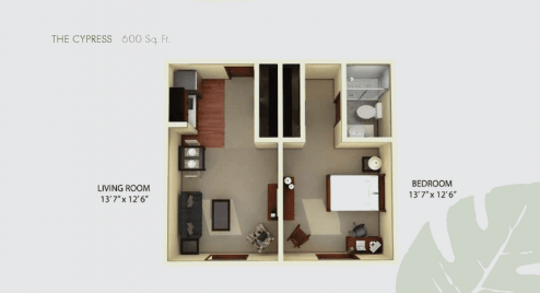 A compact floor plan featuring a one-bedroom apartment with a kitchen, living room, and bathroom.