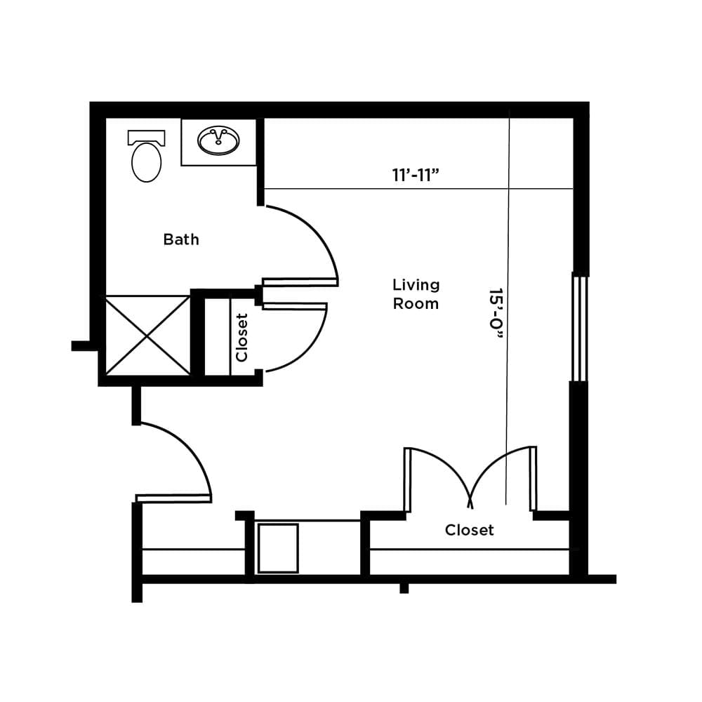 A simple floor plan of a studio apartment with designated areas for the living room and bathroom.