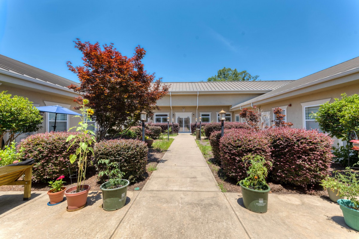 A sunny day view of a building with a garden pathway lined with plants and bushes.