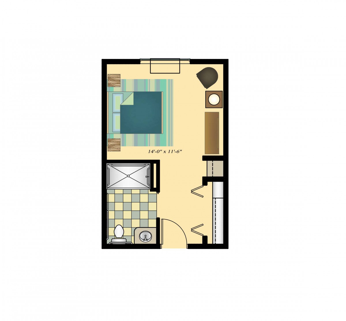 A simple floor plan of a studio apartment showing a living area, kitchen, and bathroom.