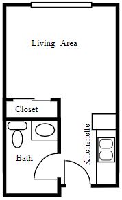 A simple studio apartment floor plan with a living area, kitchenette, bathroom, and closet.