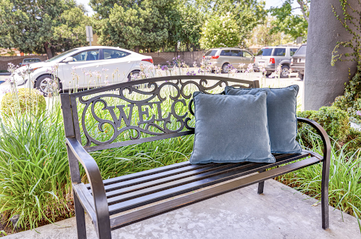A welcoming bench with decorative pillows, set against a backdrop of greenery and parked cars.