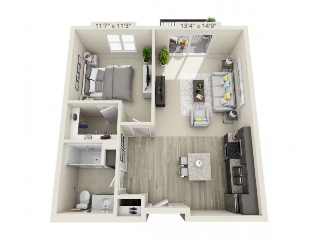 A 3D floor plan of a one-bedroom apartment featuring a living room, kitchen, bedroom, and bathroom.