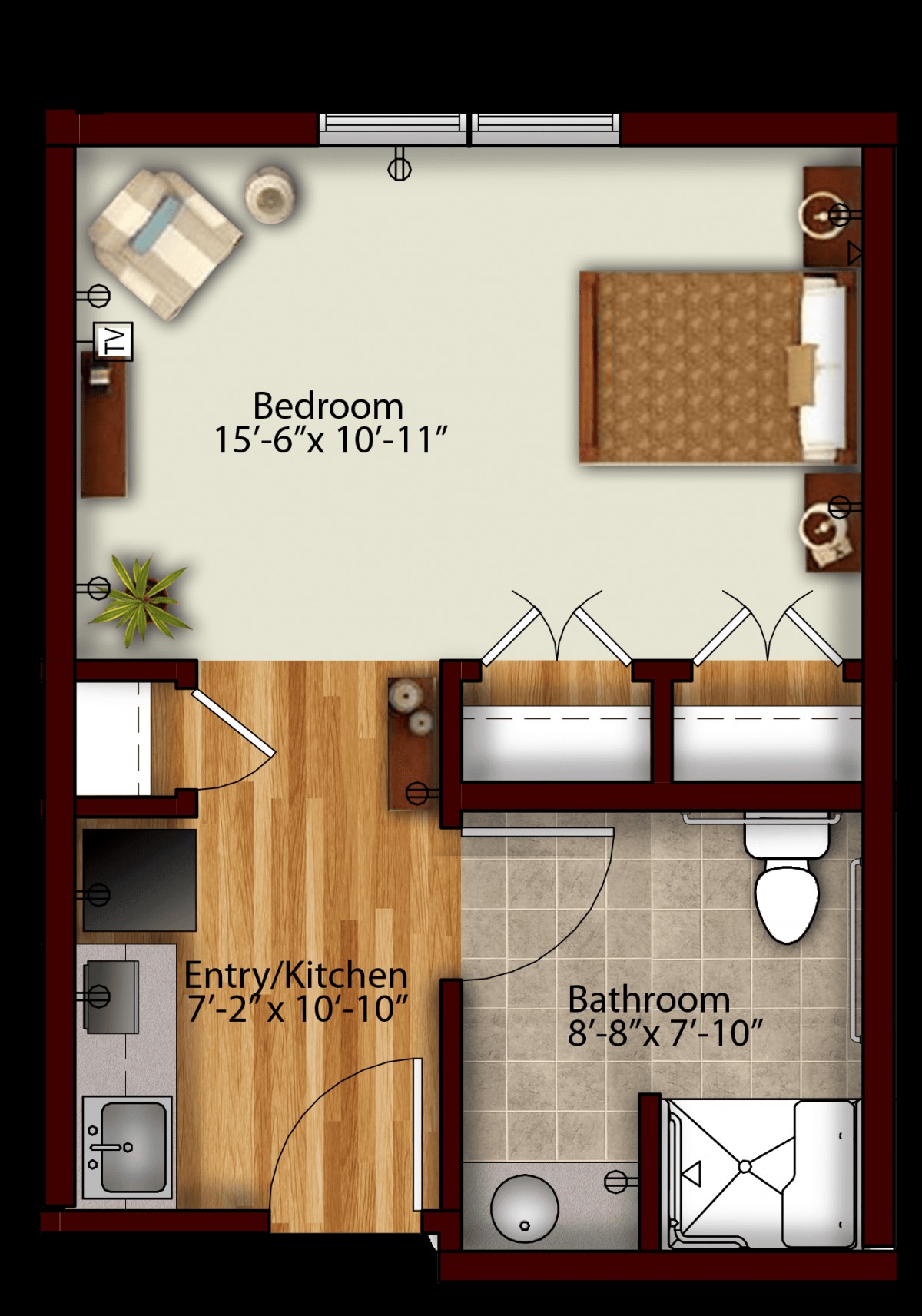A detailed floor plan of an apartment showing a bedroom, bathroom, and entry/kitchen area.