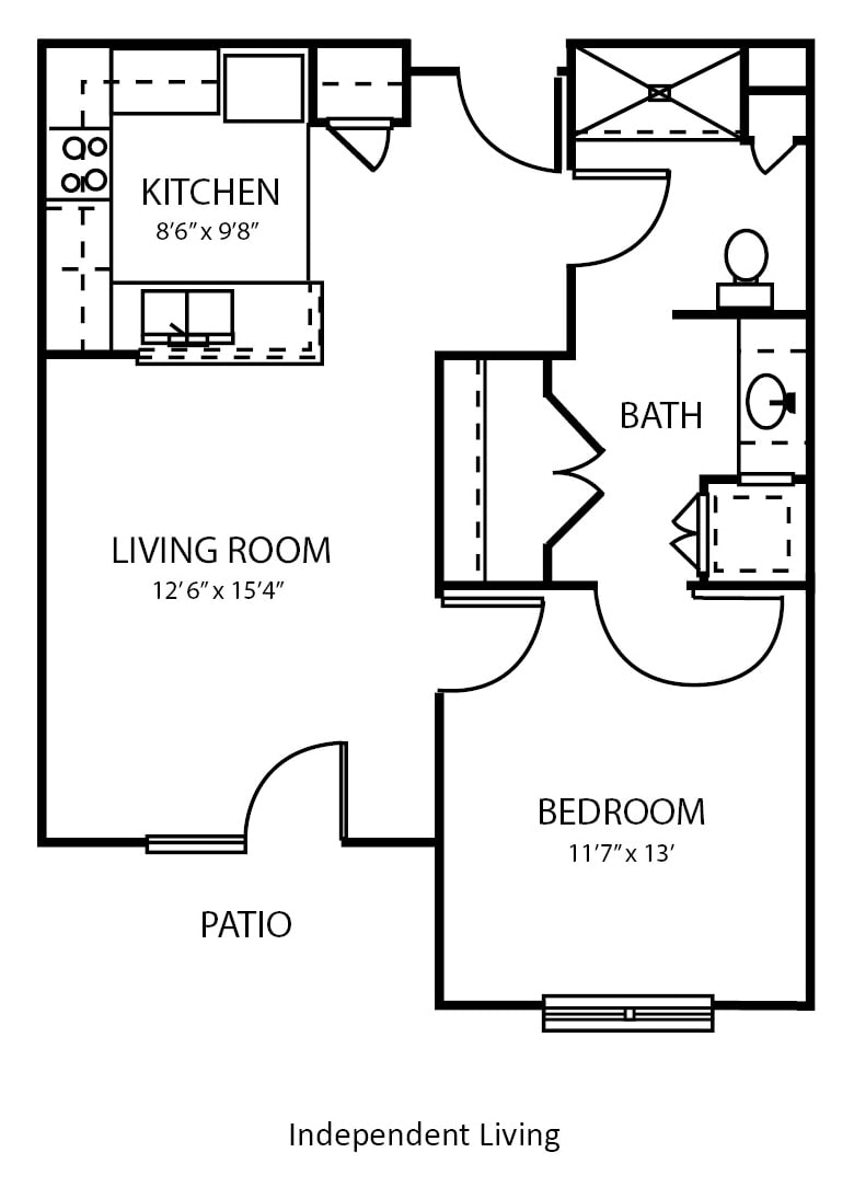 A floor plan of a one-bedroom apartment with kitchen, living room, bathroom, and patio.