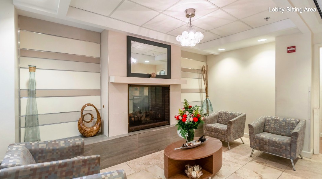 A modern living room with a central fireplace, stylish furniture, and elegant decorations.