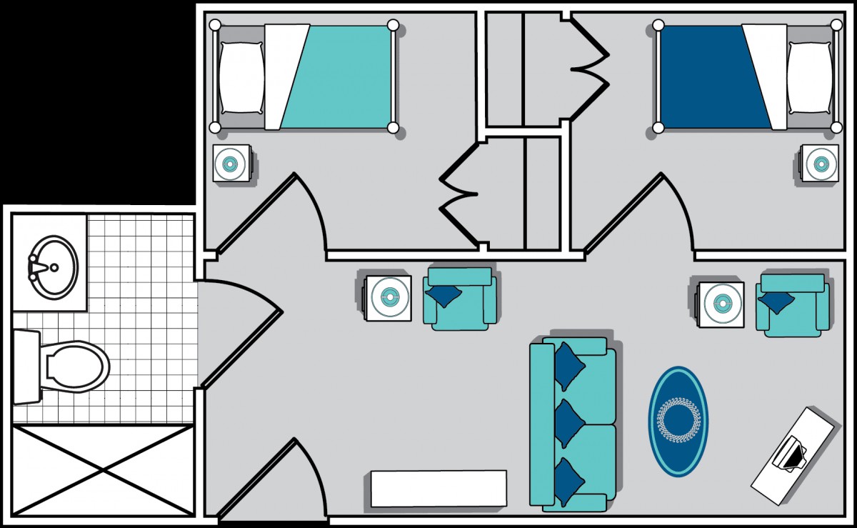 A floor plan of a two-bedroom apartment showing the arrangement of rooms including a living room, kitchen, and bathroom.