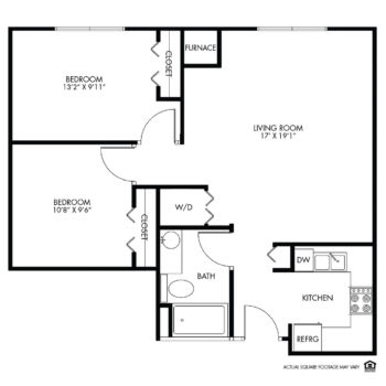A floor plan of a two-bedroom apartment featuring a living room, kitchen, and bathroom.