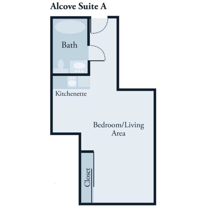 Floor plan of Alcove Suite A featuring a bedroom/living area, kitchenette, and bath.