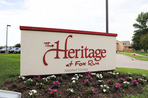 The entrance sign of The Heritage at Fox Run, an assisted living community.